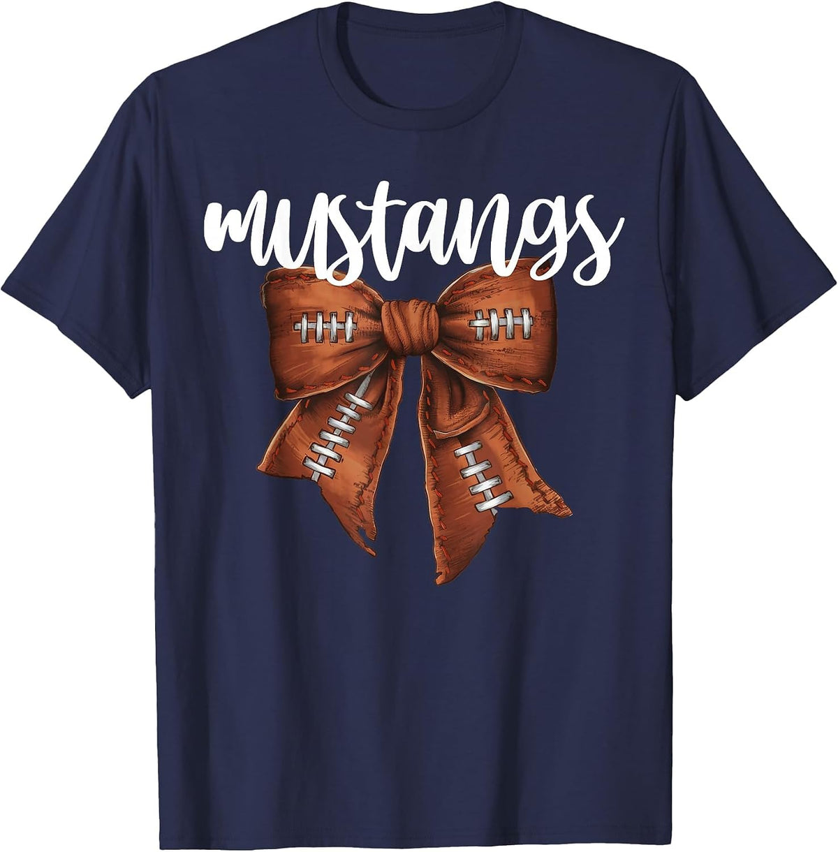 Mustangs Football Bow School Spirit Team Mascot Game Night T-Shirt - Navy Blue