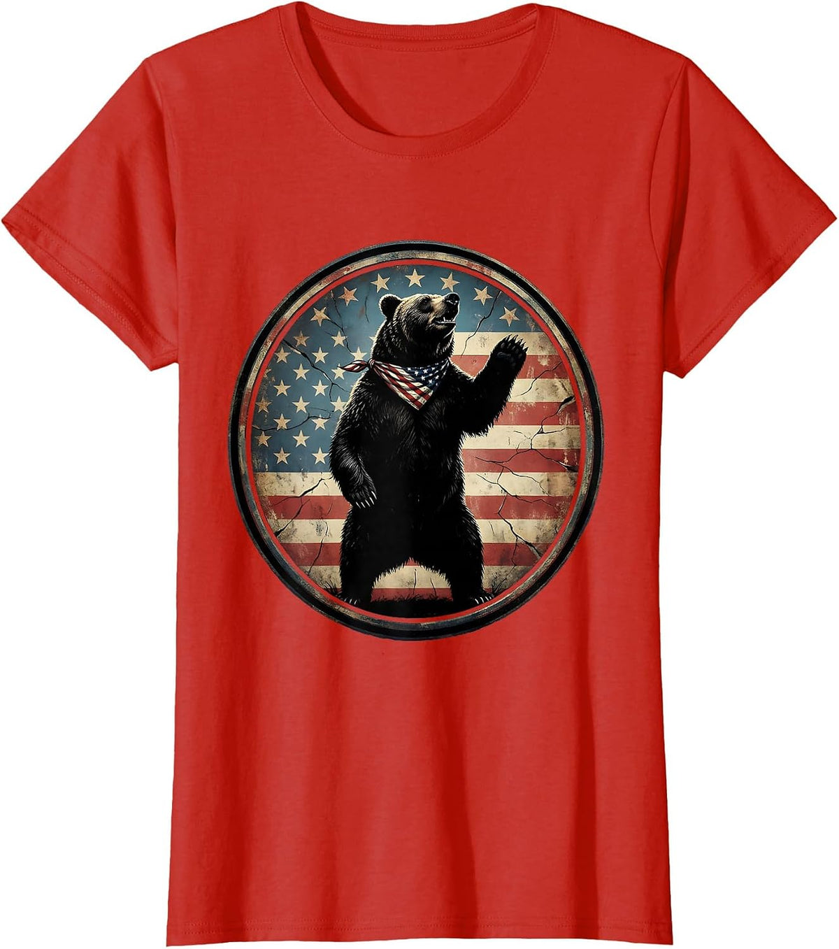 Patriotic Bear Stars and Stripes Bandana Design T-Shirt - Red