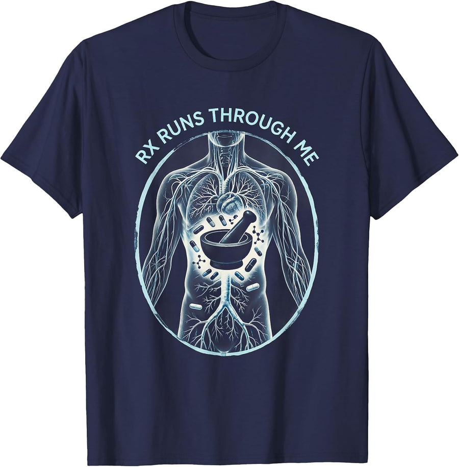 Rx Runs Through Me Pharmacy Technician Design T-Shirt - Navy Blue