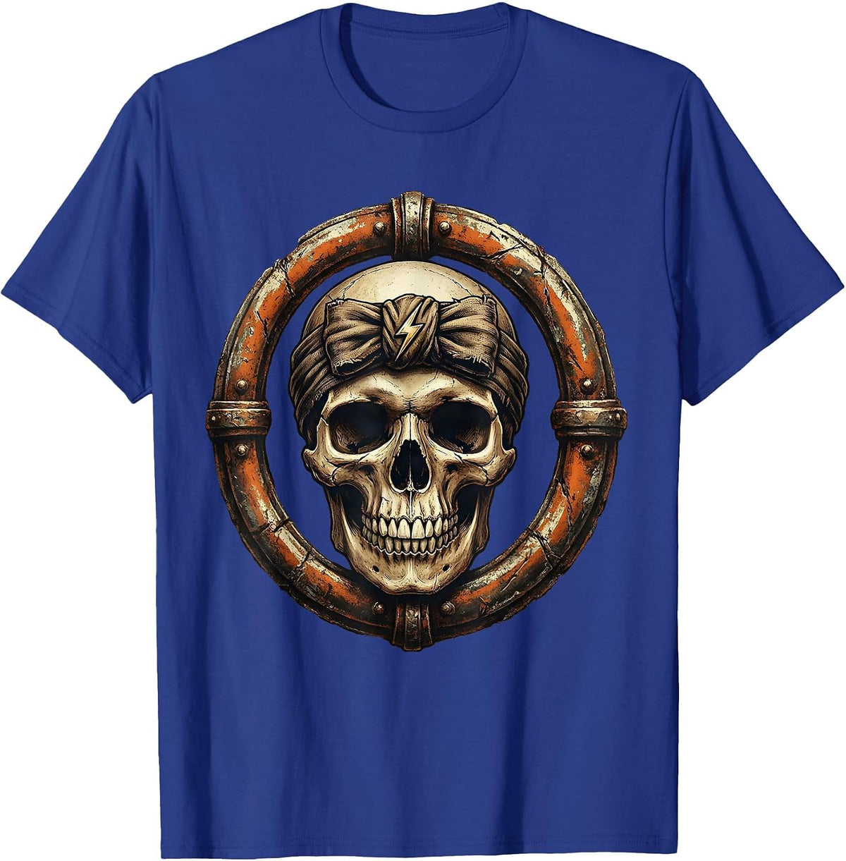 Rock Skull Vintage Headband Graphic Tee T-Shirt - Royal Blue