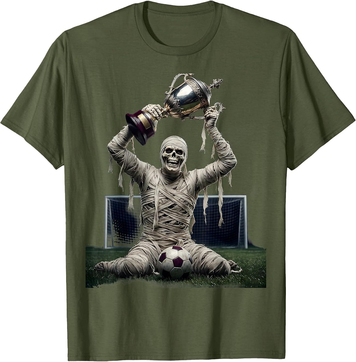 Mummy Soccer Trophy Dad Halloween Graphic T-Shirt - Olive Green