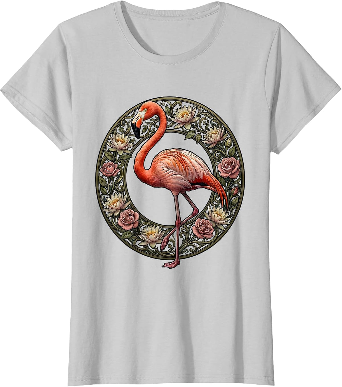 Flamingo Floral Wreath Colorful Botanical Design T-Shirt - Silver Grey