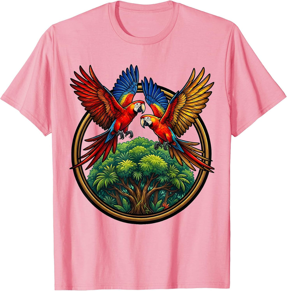 Men's Colorful Macaws Flying Over Brazilian Canopy T-Shirt - Pink