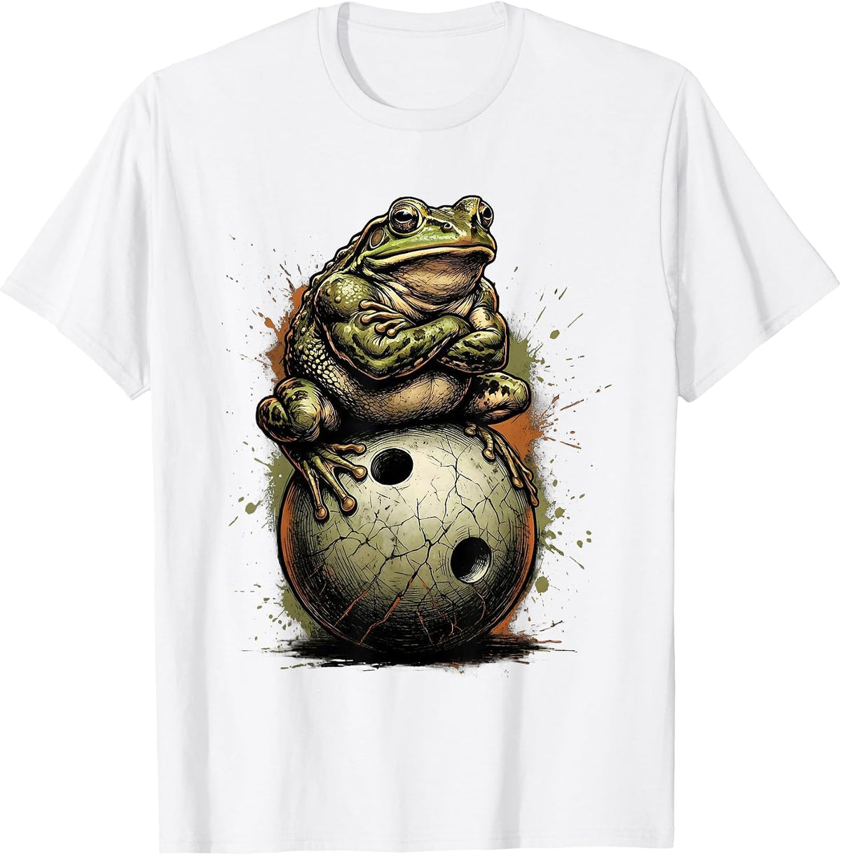 Men's Frog on Bowling Ball Funny Bowling Graphic T-Shirt - White