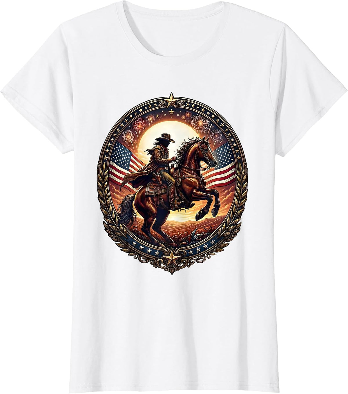 Lone Rider On Horseback At Dusk Freedom Design T-Shirt - White