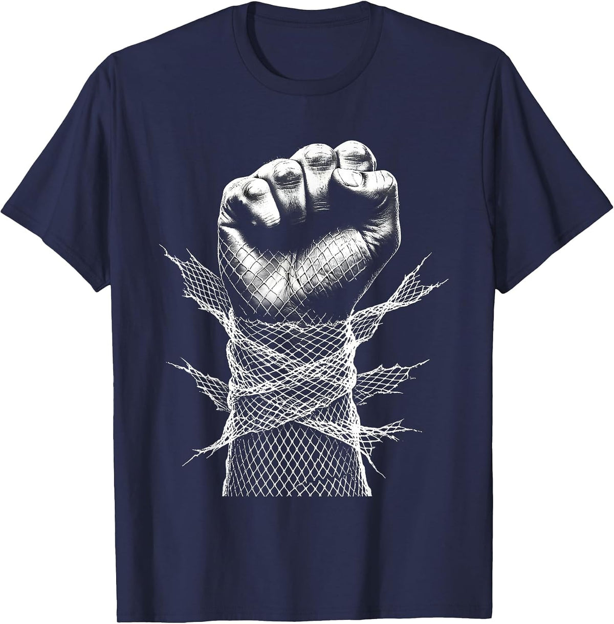 Punk Fishnet Fist Graphic Design T-Shirt - Navy Blue