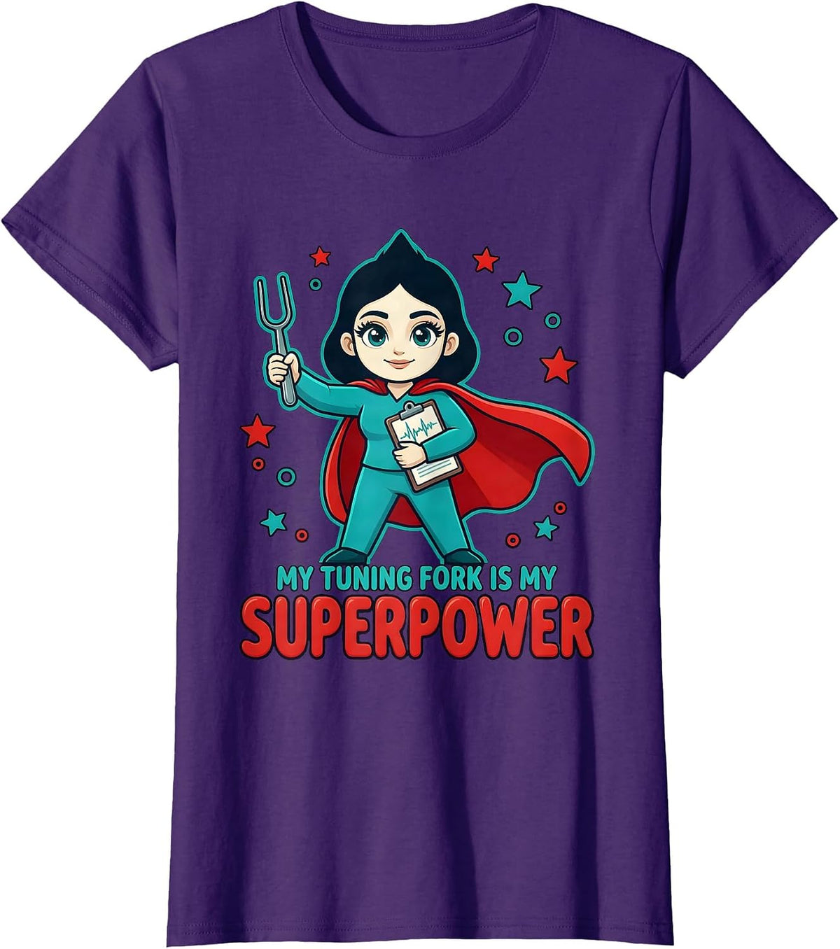 Women's MY TUNING FORK IS MY SUPERPOWER Cartoon Audiologist Gift T-Shirt - Purple