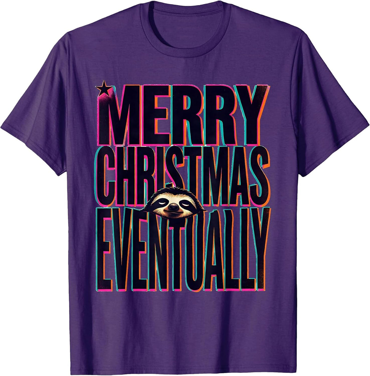 Merry Christmas, Eventually Risograph Funny Sloth Lover Gift T-Shirt - Purple
