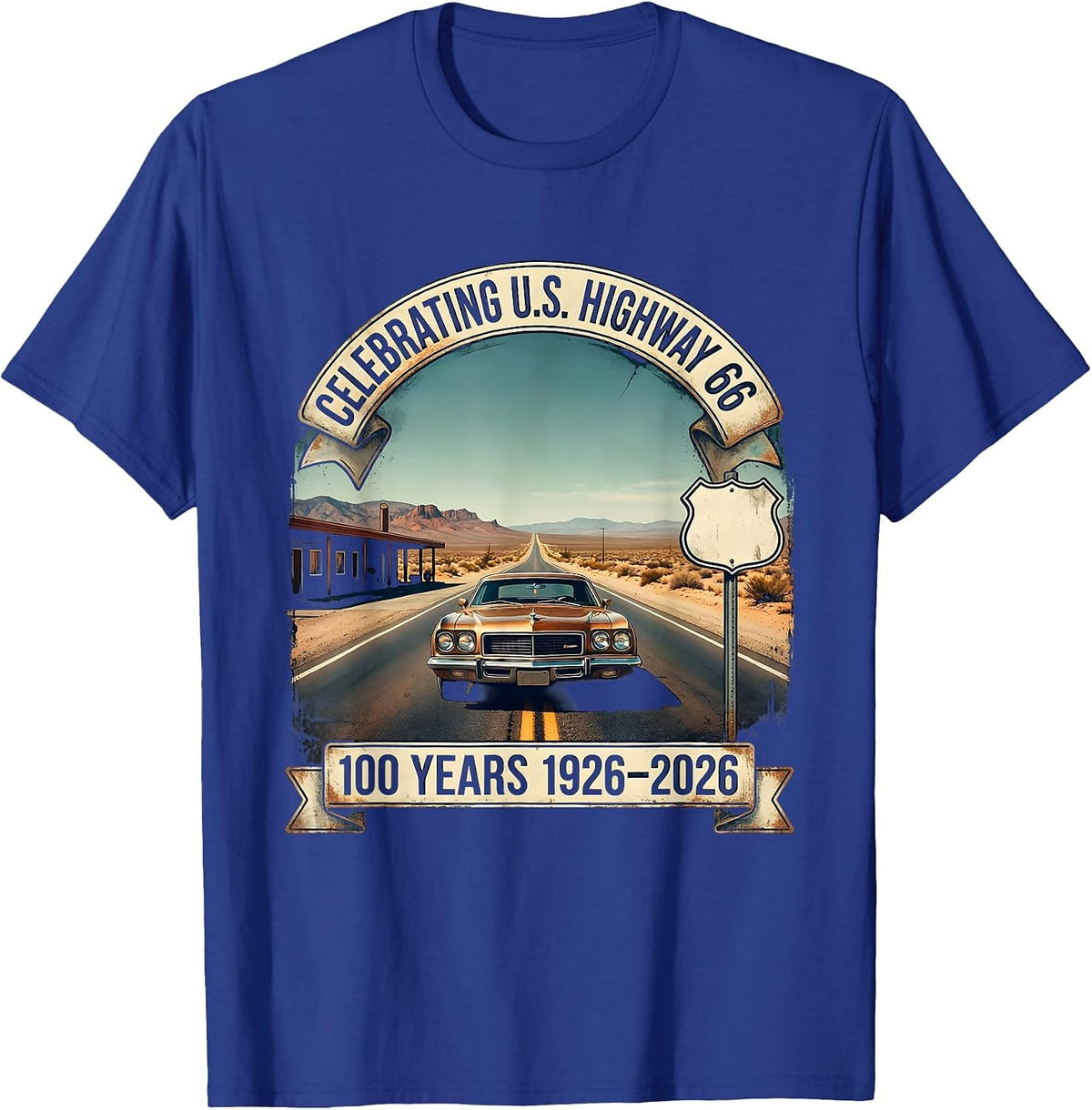 Men's Celebrating U.S. Highway 66 100 Years 1926-2026 Vintage T-Shirt - Royal Blue
