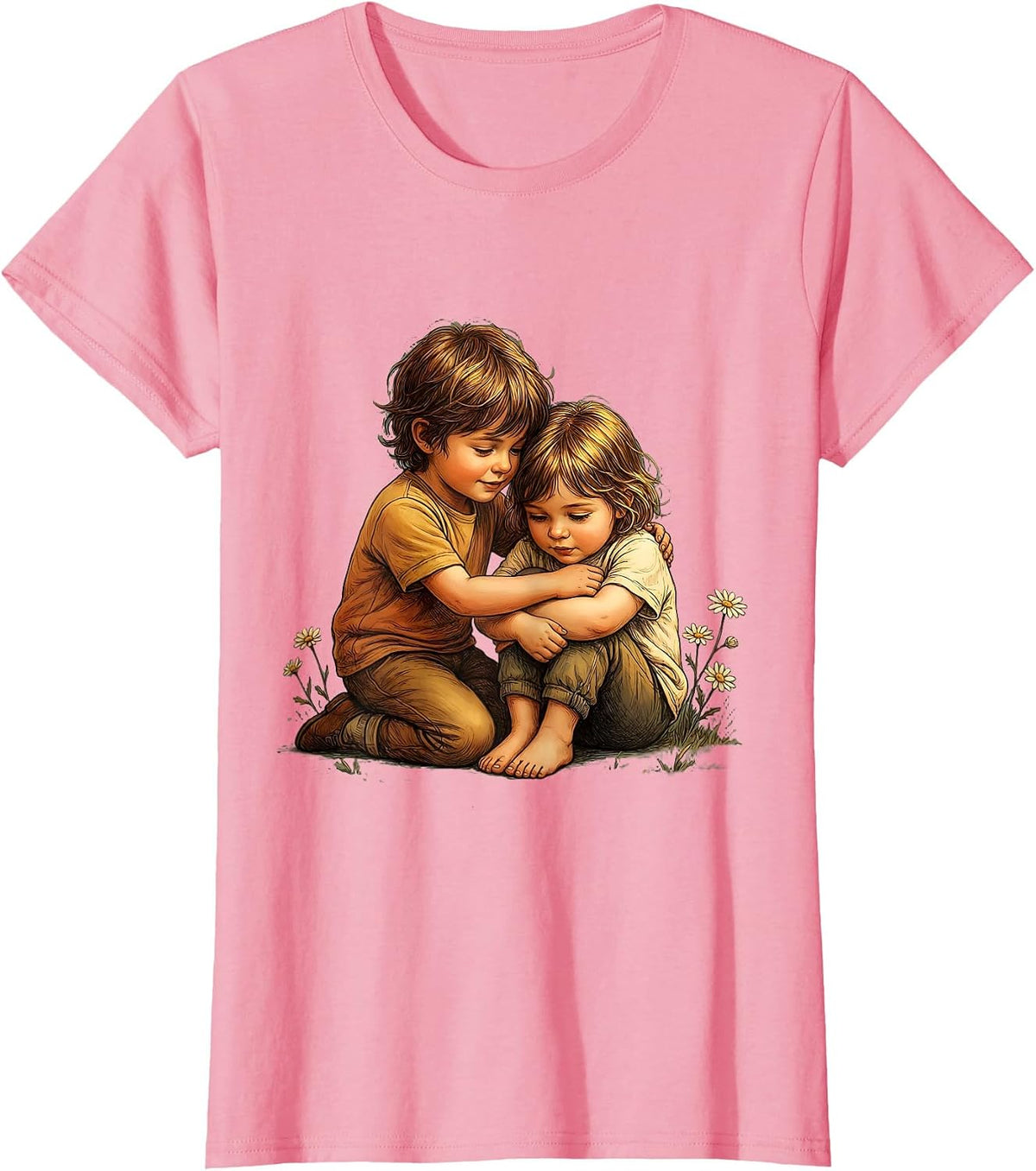 Women's Kindness in Action Child Comforting Friend Design T-Shirt - Pink