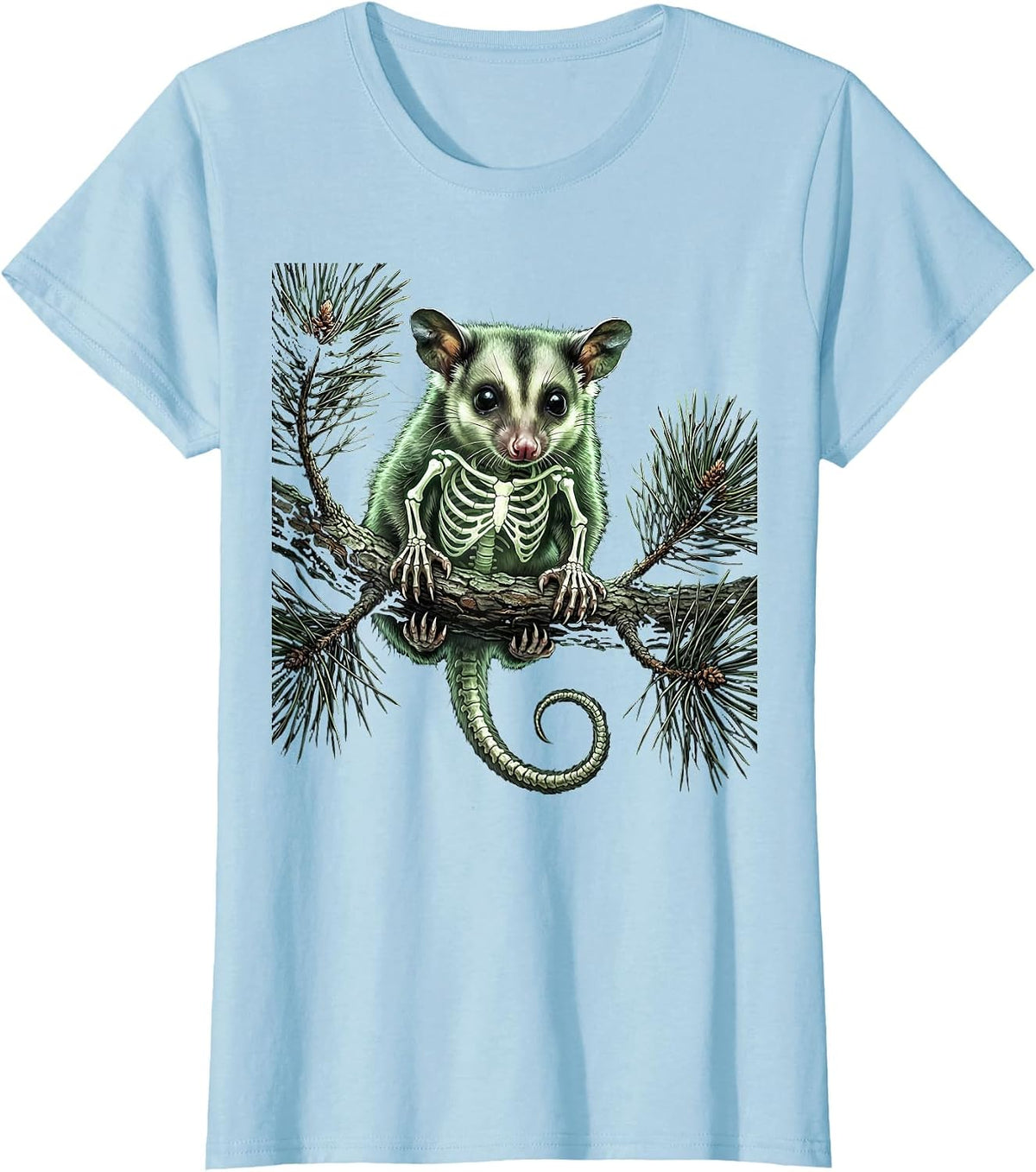 Women's Baby Opossum on Pine Branch Illustration T-Shirt - Baby Blue