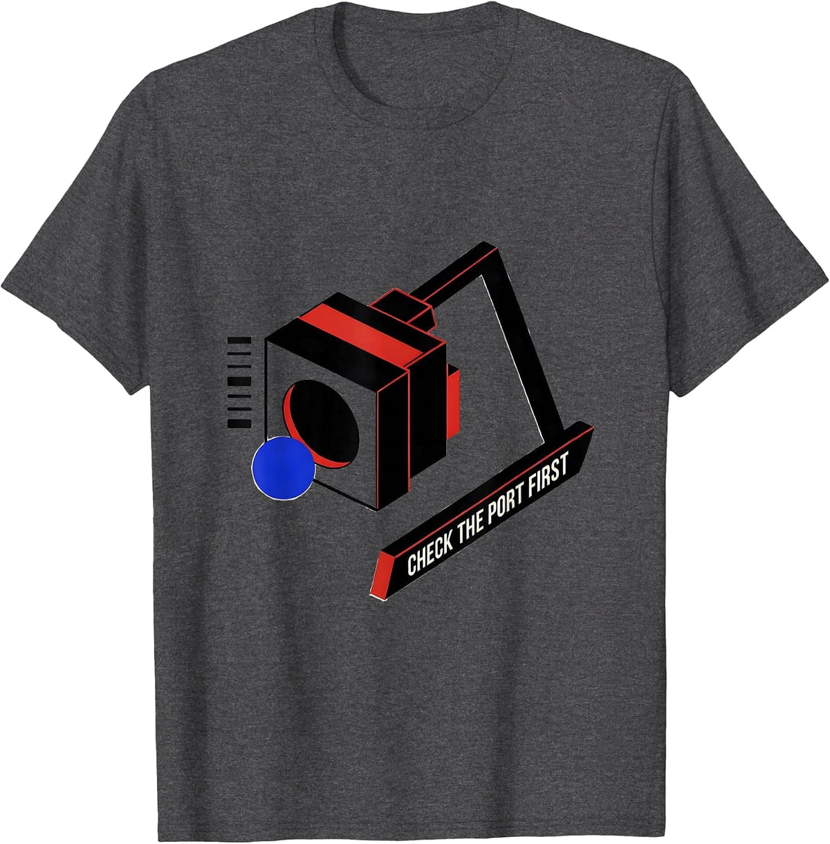 Check The Port First Bauhaus Modernist IT Support Programmer T-Shirt - Dark Heather Grey