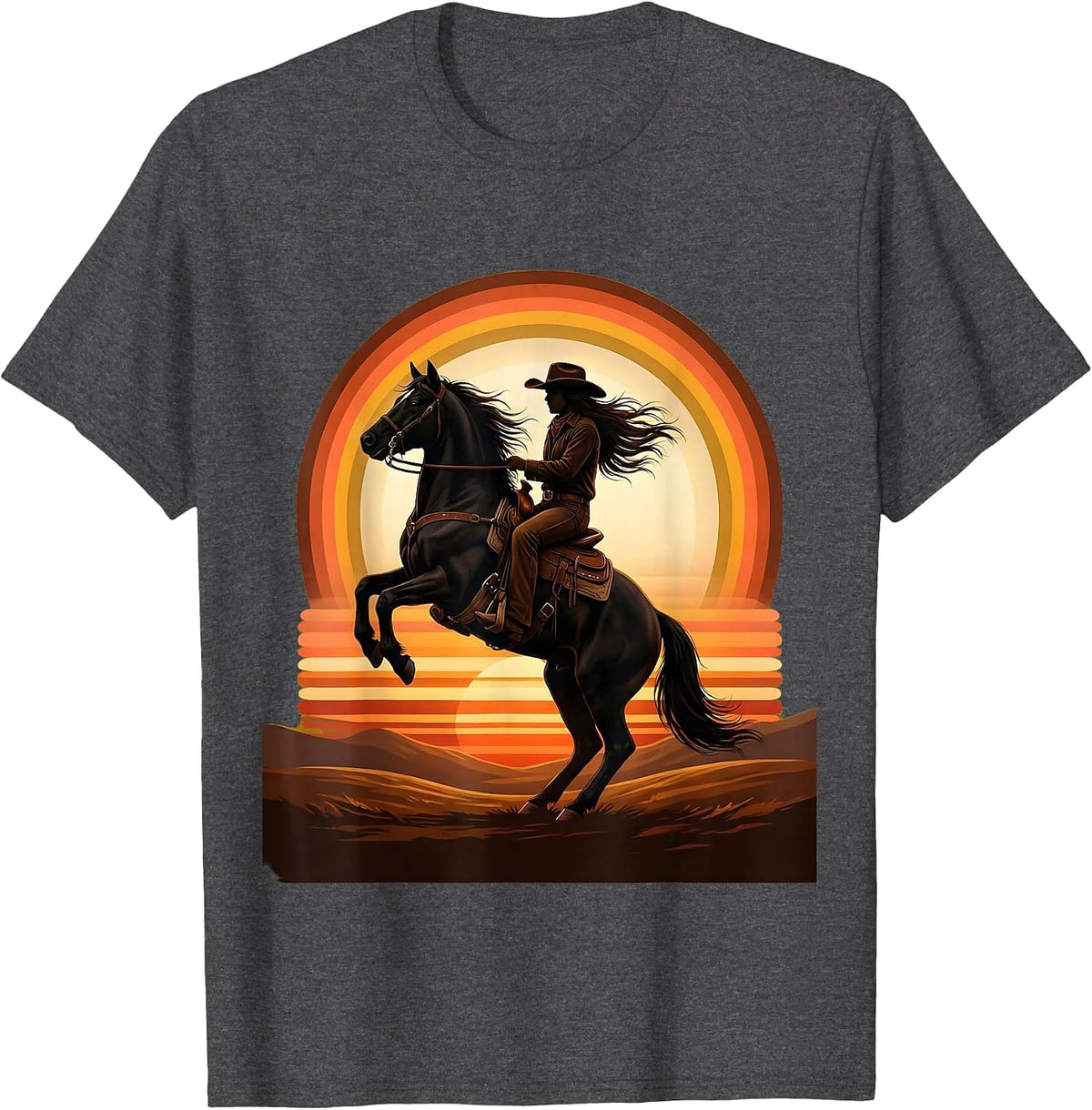 Black Cowgirl Rearing Horse Dusk Western Art T-Shirt - Dark Heather Grey