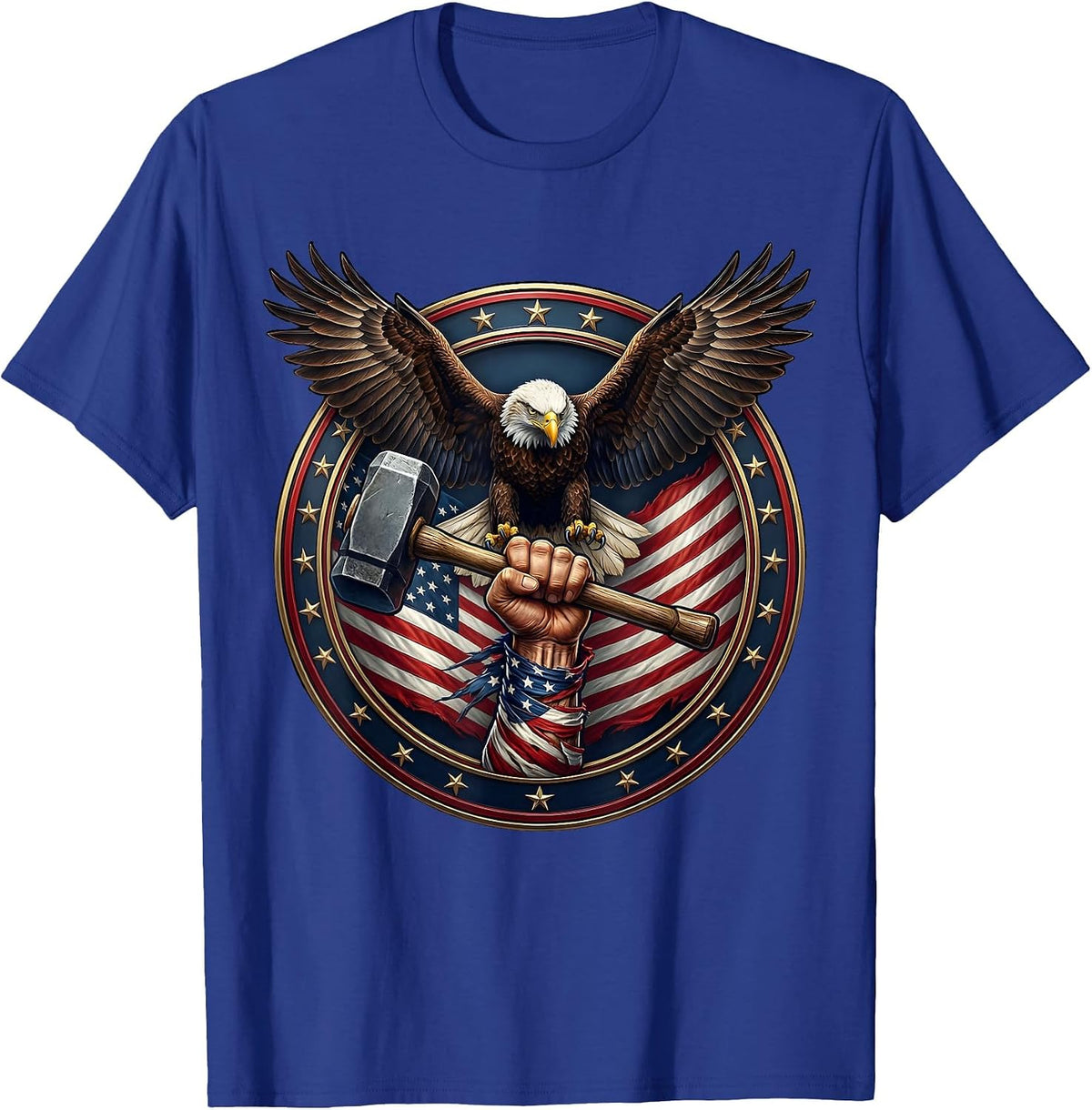 Patriotic Strength Muscular Arm Hammer US Flag Design T-Shirt - Royal Blue