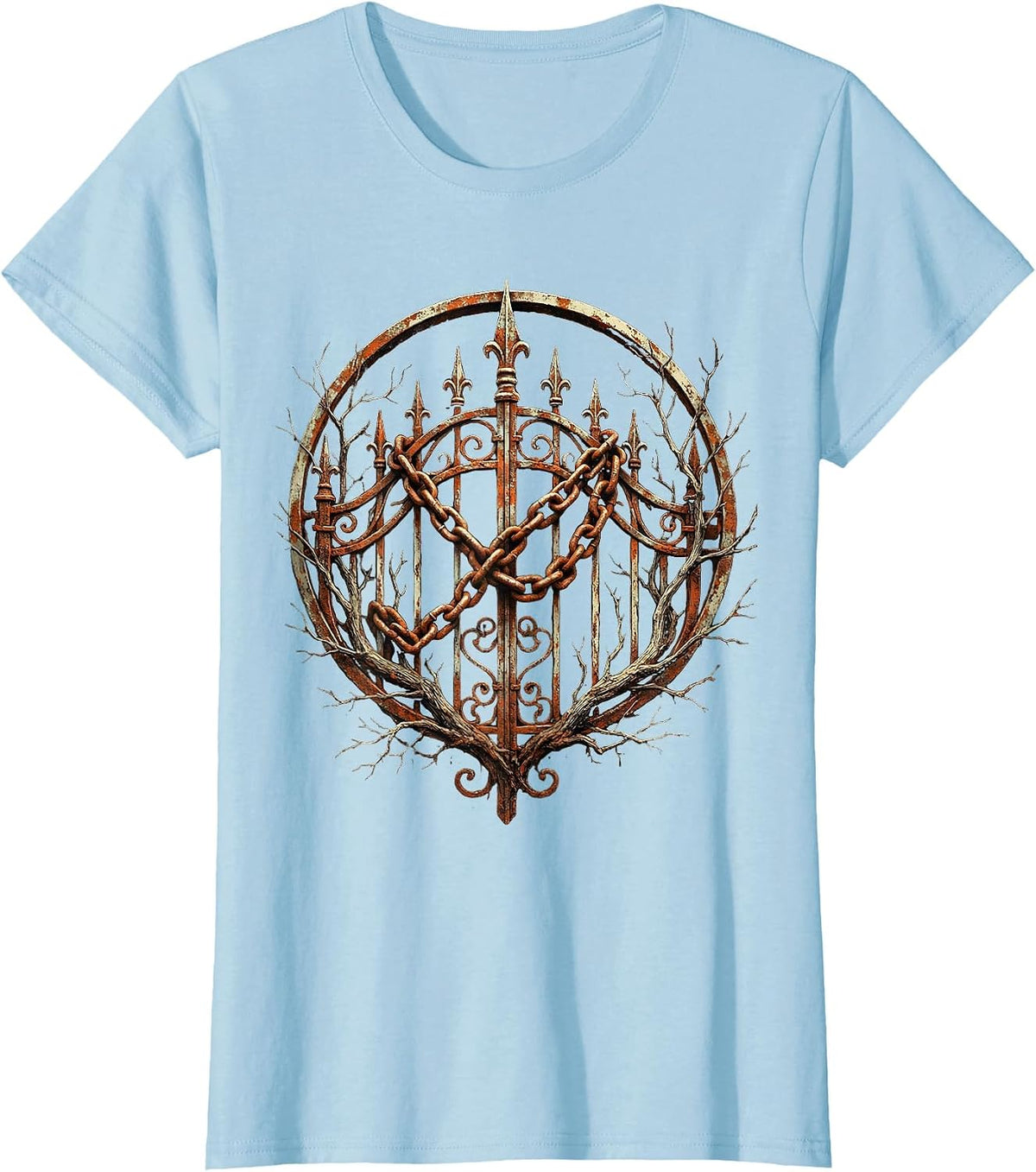 Rusted Chain Cemetery Gate Grunge Illustration T-Shirt - Baby Blue