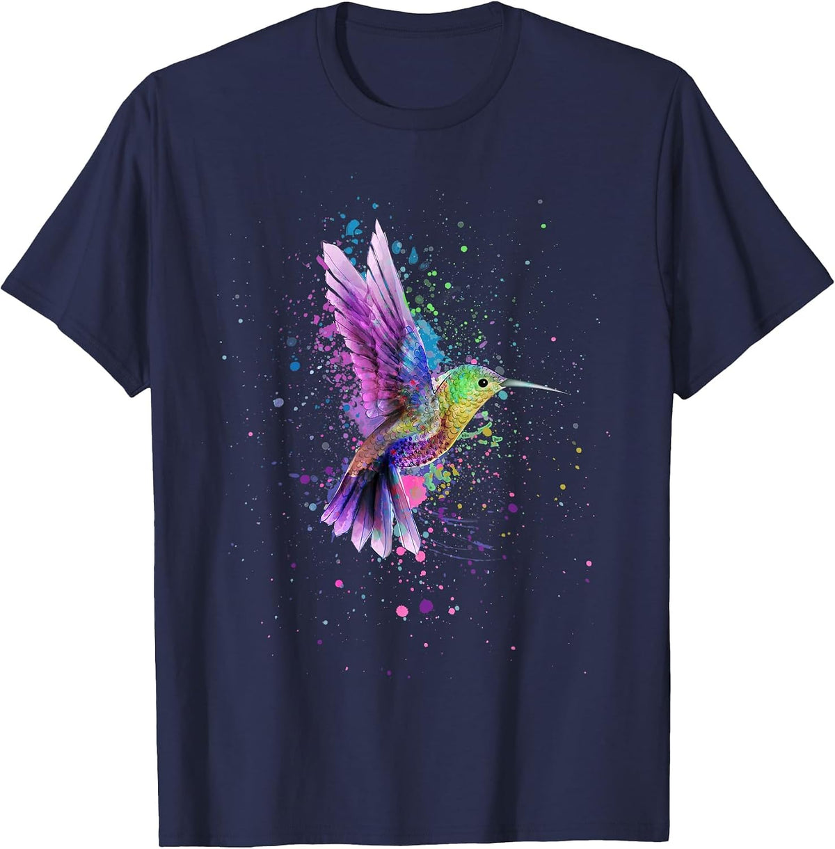 Hummingbird Watercolor Art Design T-Shirt - Navy Blue
