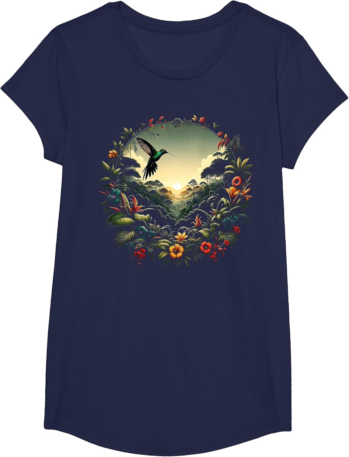 Hummingbird Beautiful Bird Watcher Floral Colibri Outfit T-Shirt - Girls Navy Blue