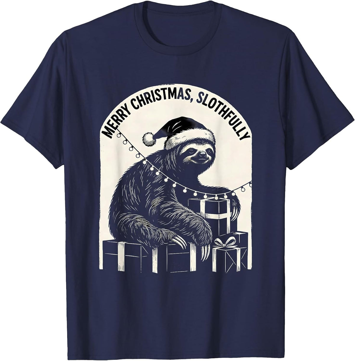 Merry Christmas, Slothfully Funny Sloth Lover Christmas T-Shirt - Navy Blue