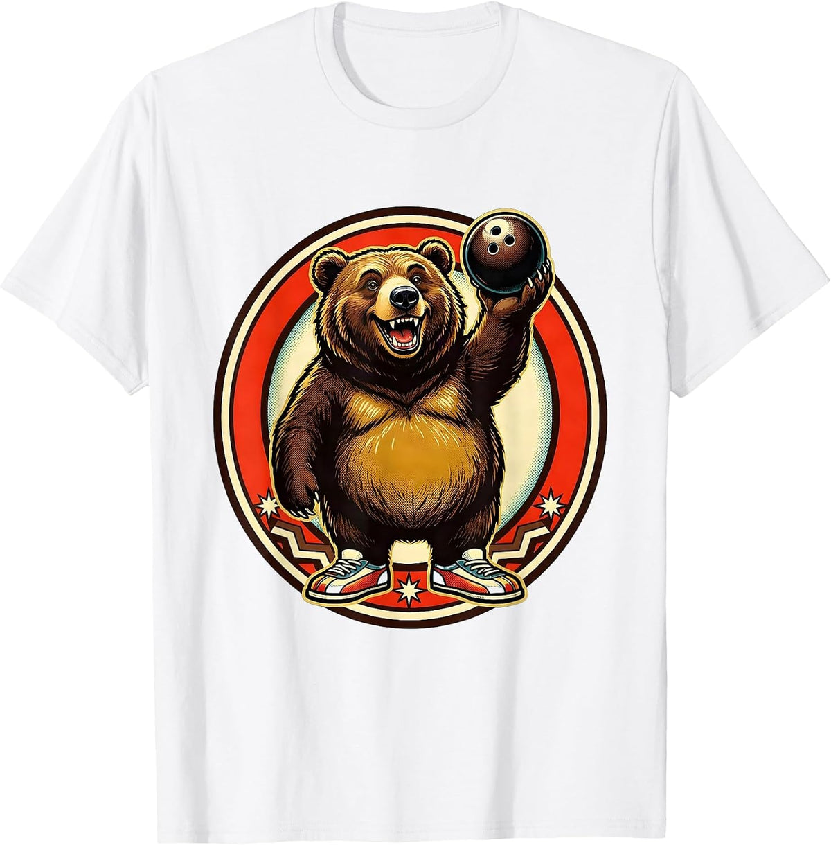 Men's Bear Bowling Illustration Funny Bowling Graphic T-Shirt - White