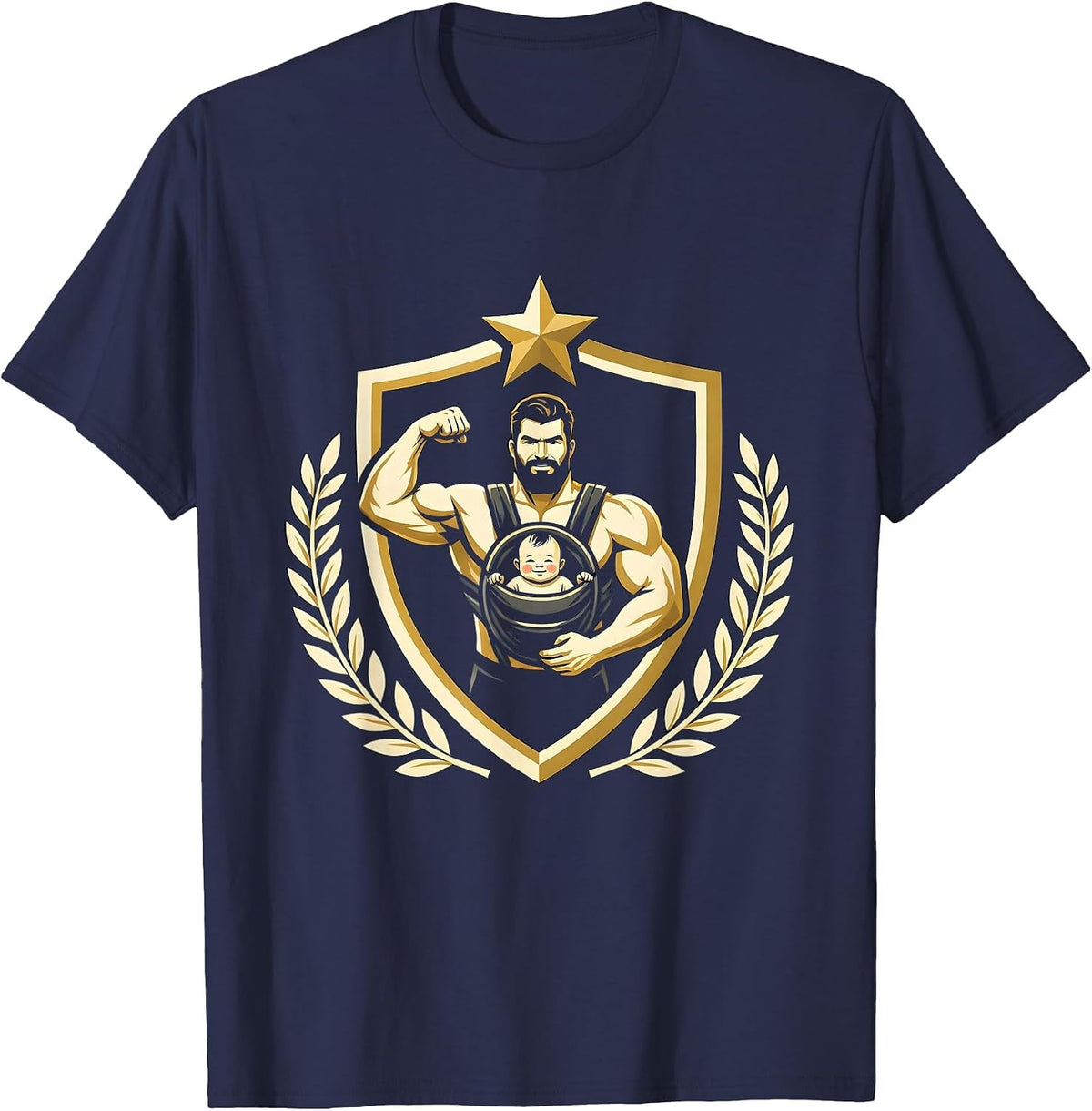 Dad Baby Carrier Bicep Curl Funny Workout Graphic T-Shirt - Navy Blue