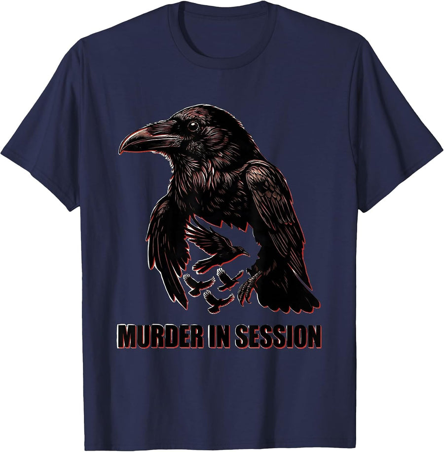 Murder In Session Stencil Graphic Crow Lover Dark Humor T-Shirt - Navy Blue