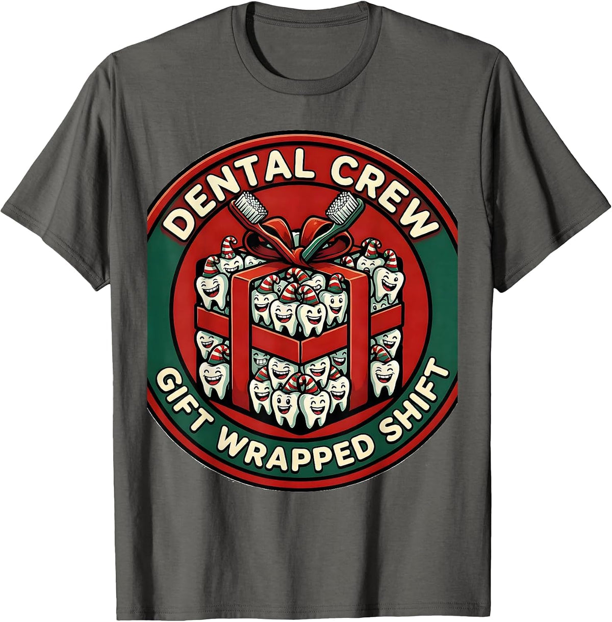 Men's Dental Crew Gift Wrapped Shift Cartoon Dental Team Holiday T-Shirt - Asphalt Grey
