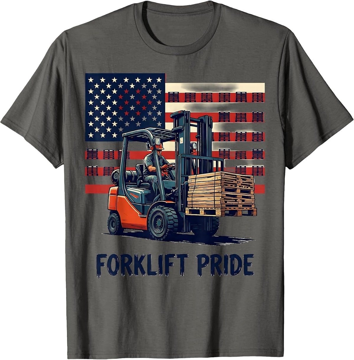 Men's Forklift Operator American Flag Patriotic Workwear T-Shirt - Asphalt Grey