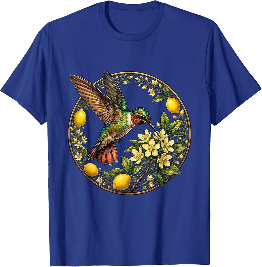 Hummingbird and Lemon Blossom Nature Design T-Shirt - Royal Blue