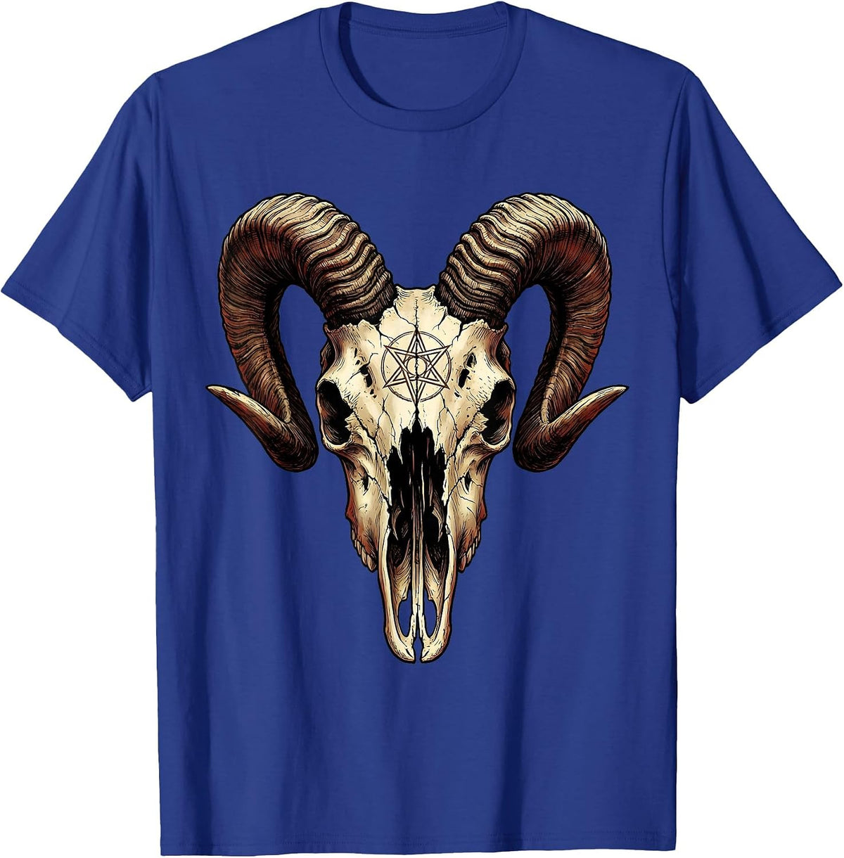 Demonic Goat Skull Curling Horns Horror Illustration T-Shirt - Royal Blue