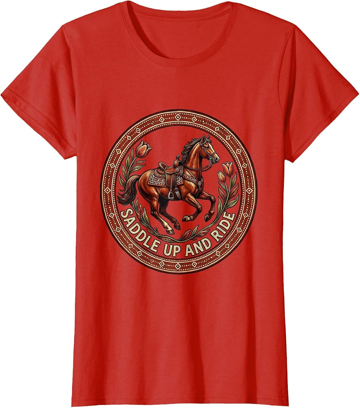 Saddle Up and Ride Horse Riding Design T-Shirt - Red
