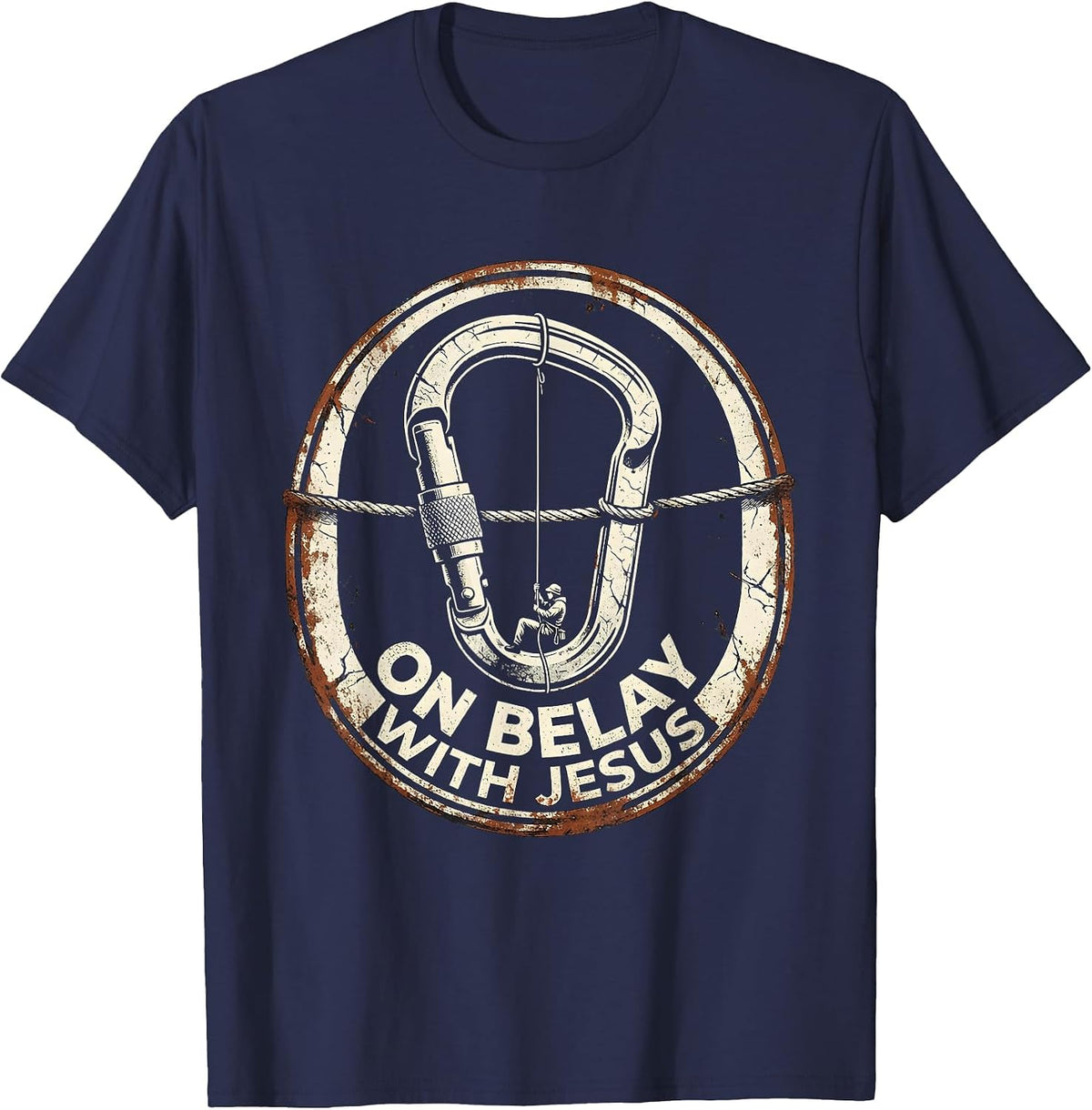 On Belay With Jesus Distressed Christian Climber Gift T-Shirt - Navy Blue