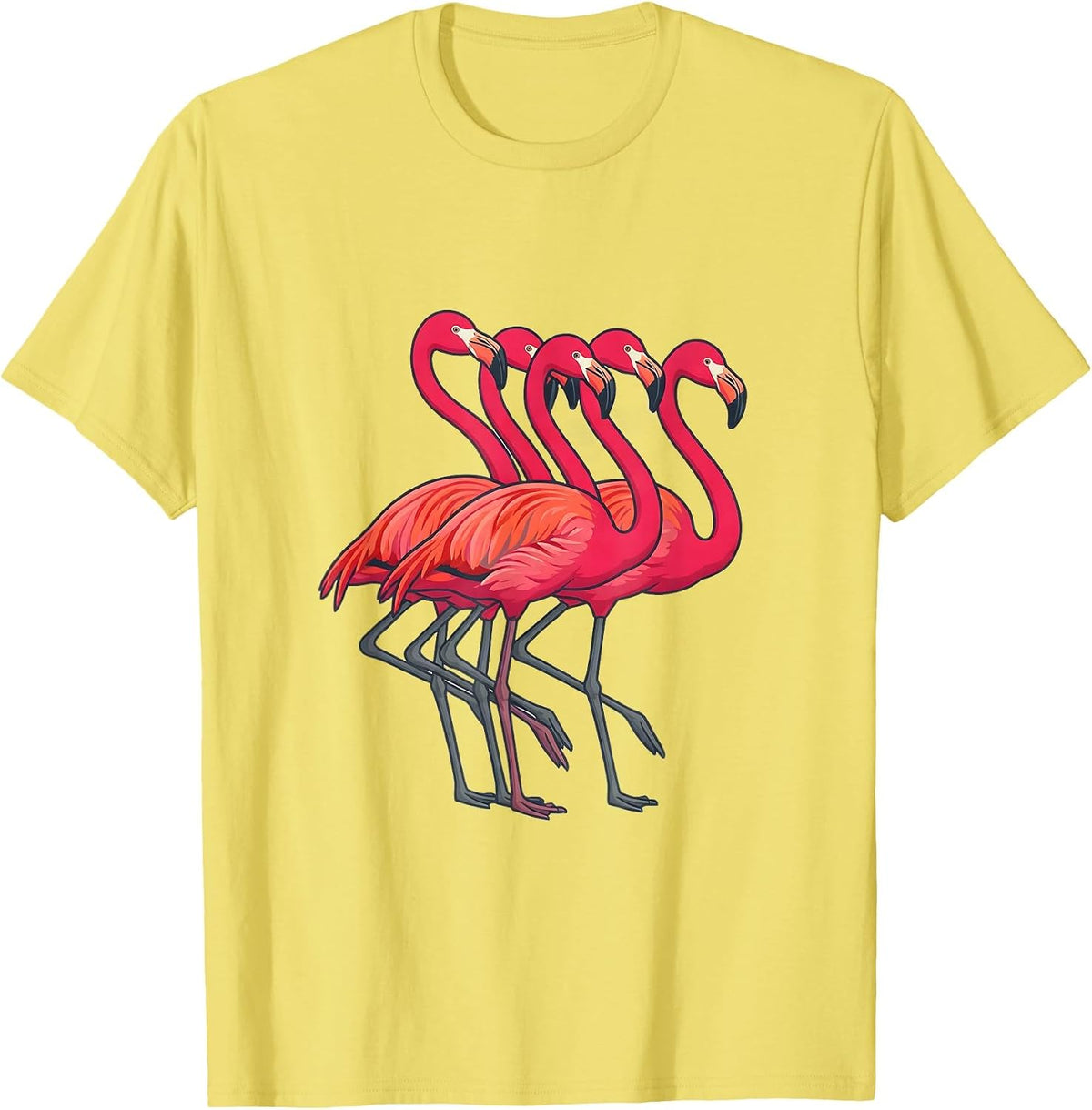 Men's Pink Flamingo Flat Vector Bird Humor Matching Family T-Shirt - Lemon Yellow