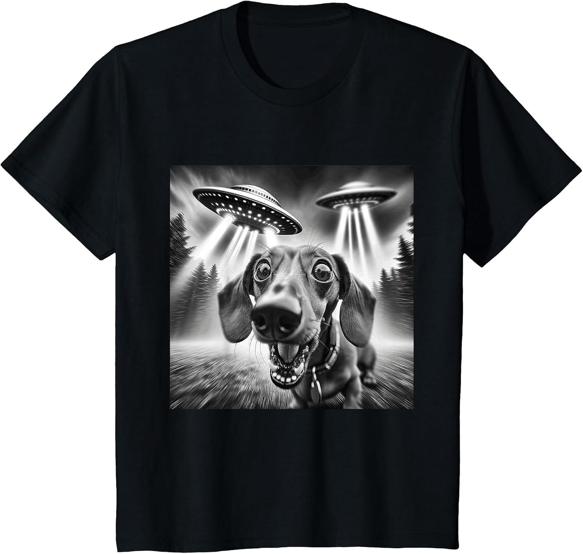 Funny Dachshund UFO Dachshund Graphic Men Women Kids T-Shirt - Black