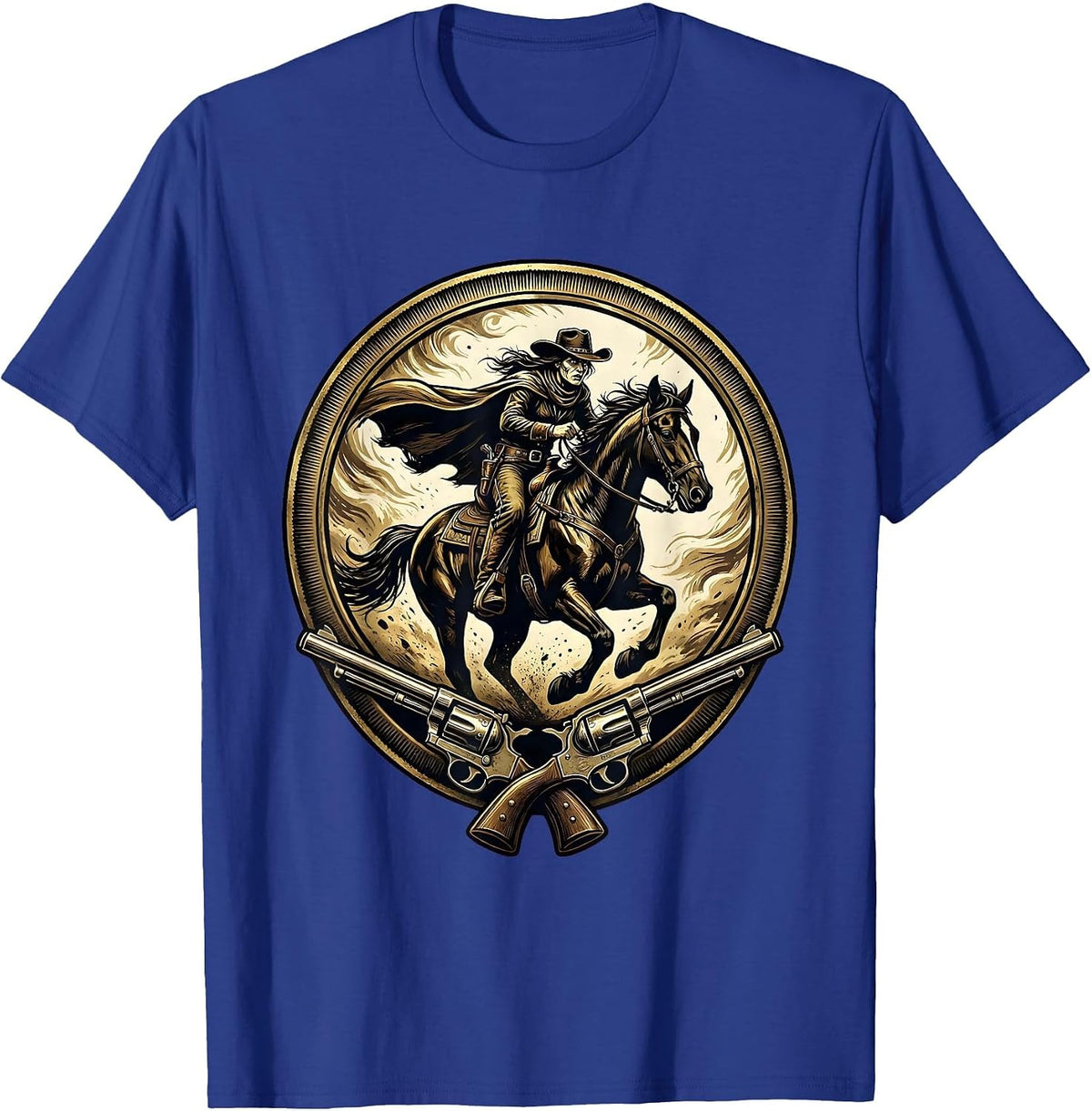 Female Outlaw Riding Horse Through Dust Storm T-Shirt - Royal Blue