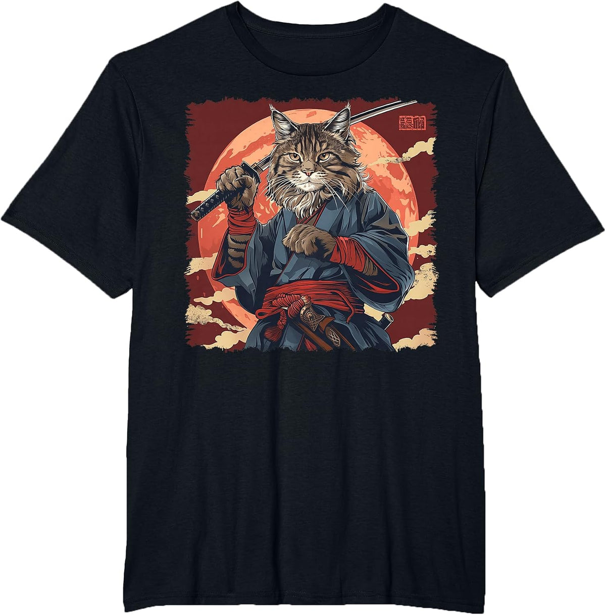 Maine Coon Cat Japanese Art Samurai Ukiyo-e T-Shirt - Black