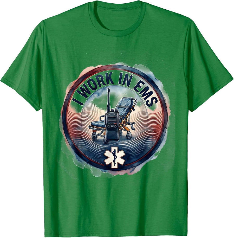 Men's I Work in EMS Watercolor EMT Paramedic First Responder Gift T-Shirt - Kelly Green