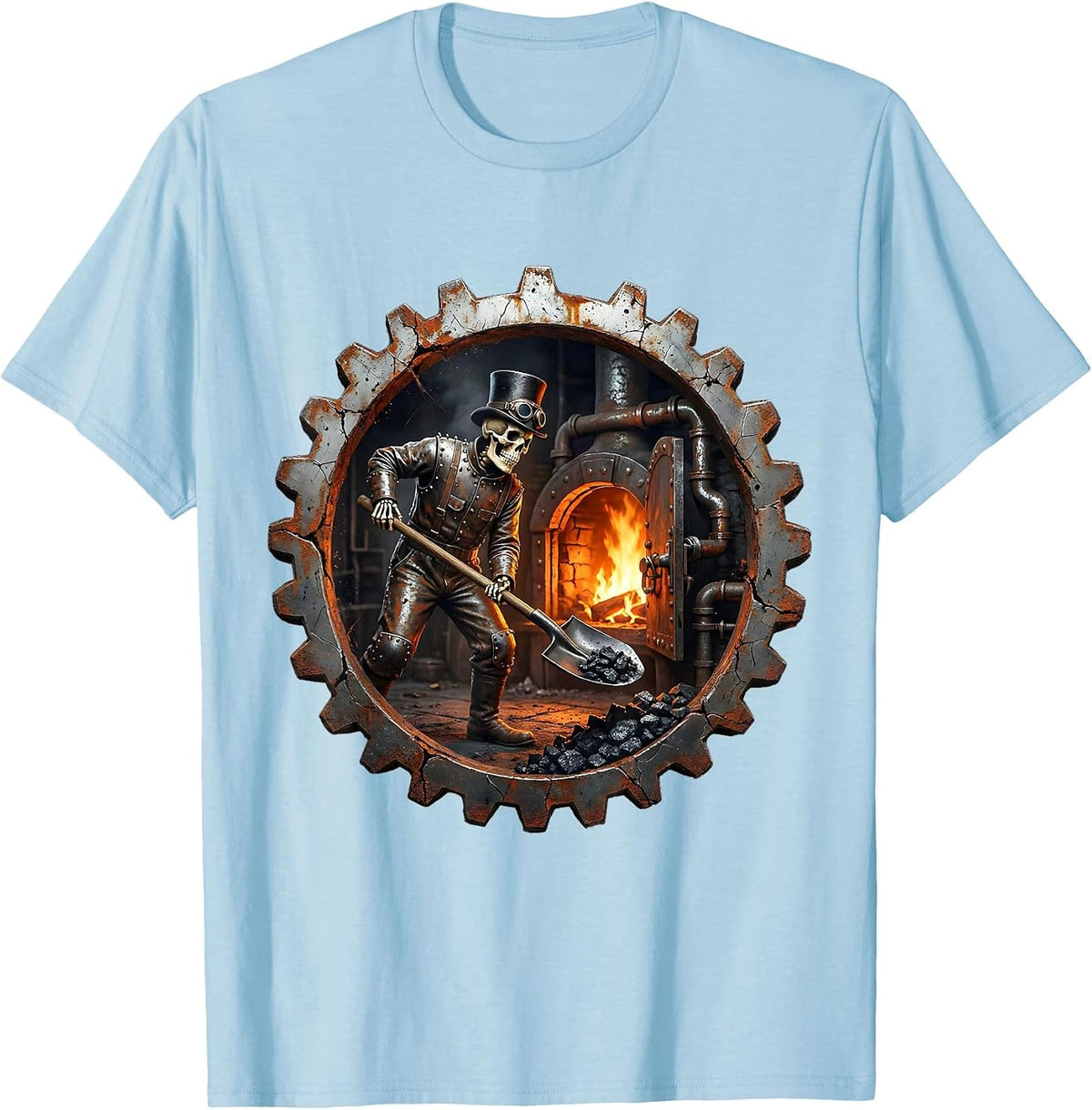 Men's Steampunk Skeleton Engineer Shoveling Coal Art T-Shirt - Baby Blue
