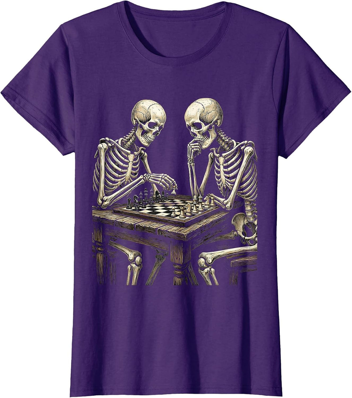 Women's Skeleton Chess Match Funny Halloween Design T-Shirt - Purple