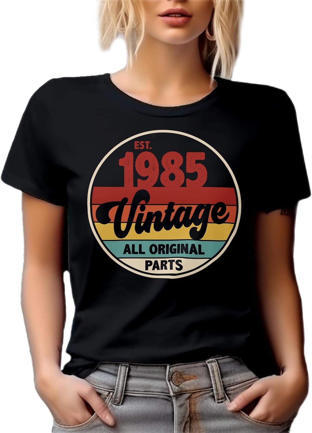 Vintage Est. 1985, All Original Parts White Graphic Tshirt - Black