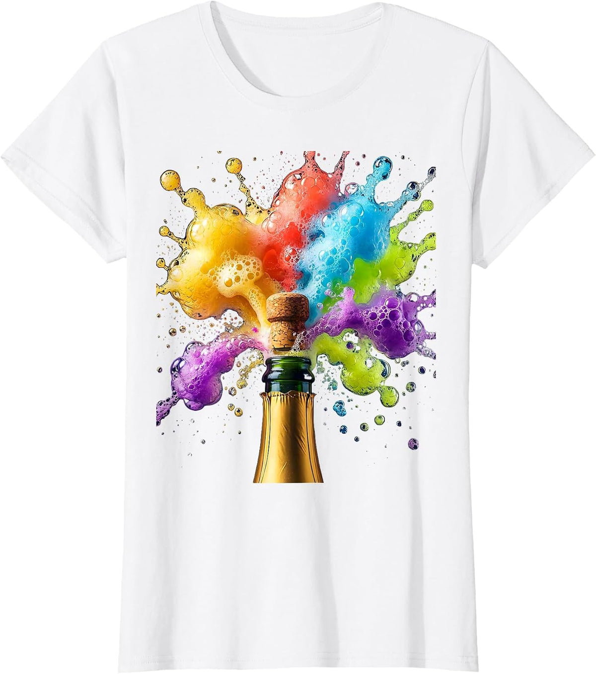 Exploding Champagne Bottle Celebration Graphic T-Shirt - White