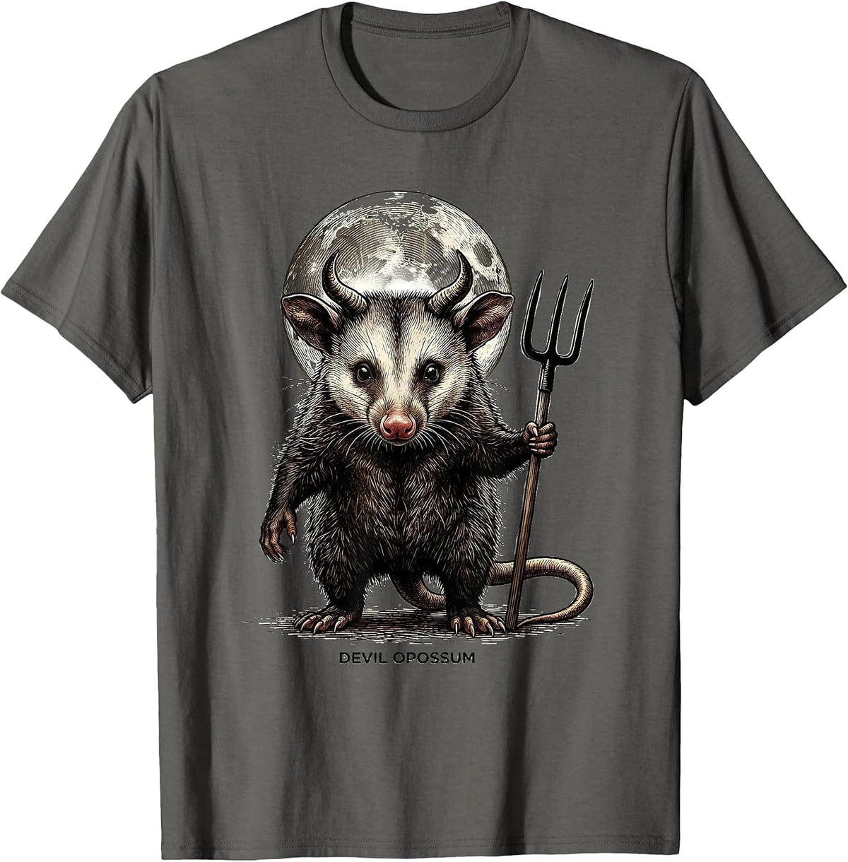 Devil Opossum Crosshatch Etching Spooky Halloween Novelty T-Shirt - Asphalt Grey
