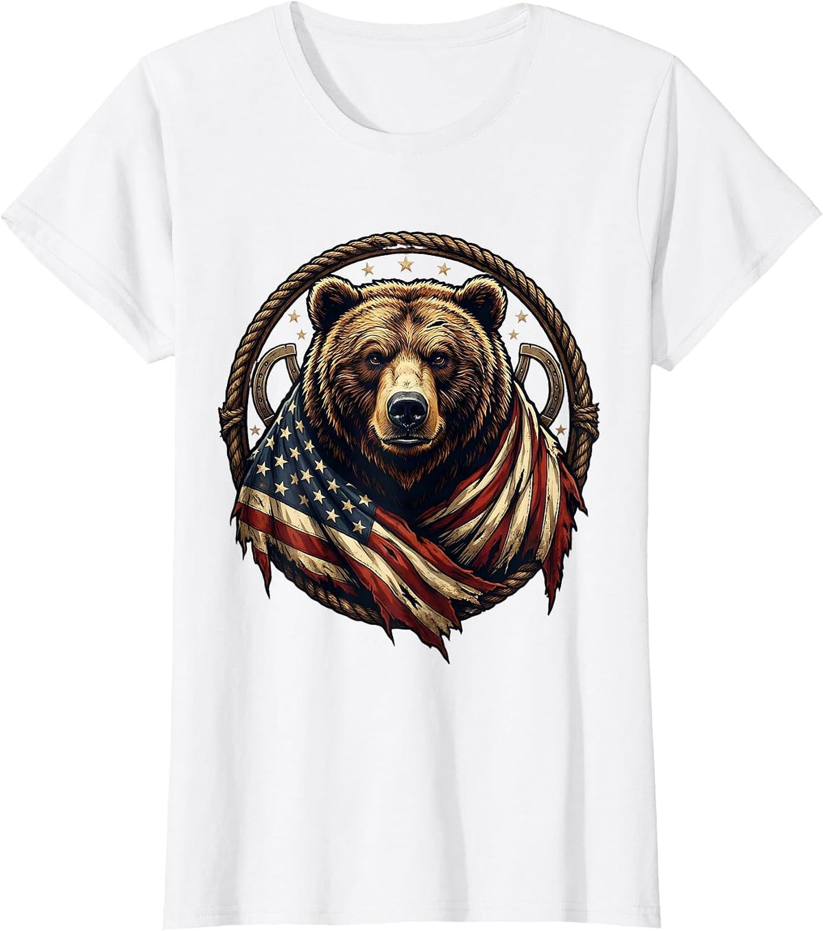 Patriotic Grizzly Bear American Flag Illustration T-Shirt - White