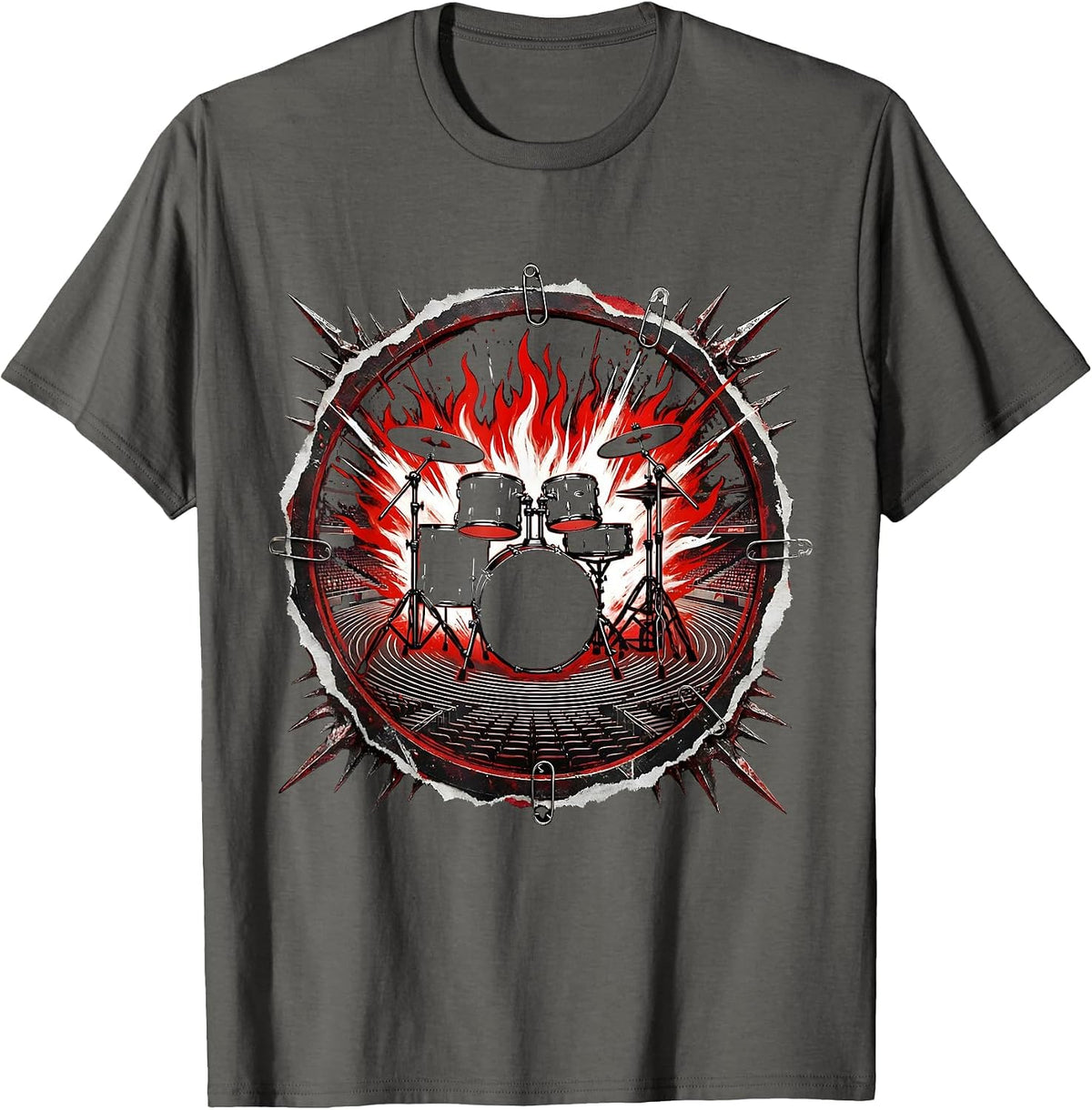 Flaming Drum Kit Empty Arena Rock Band Graphic T-Shirt - Asphalt Grey
