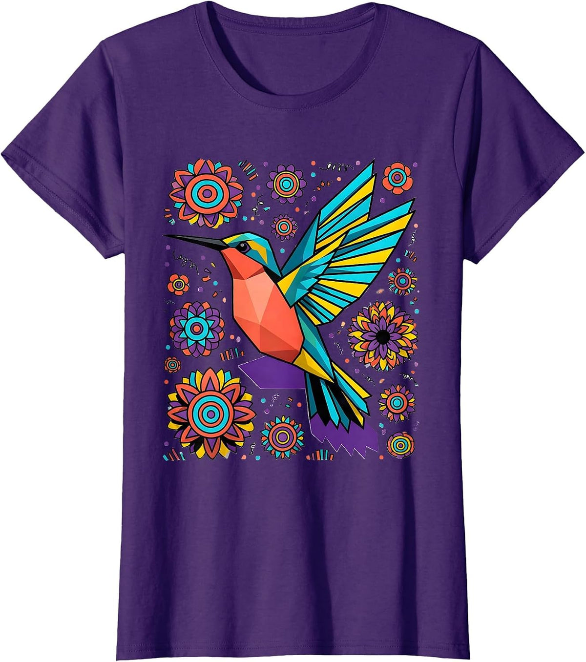 Women's Hummingbird in Flight Among Bursting Blossoms T-Shirt - Purple