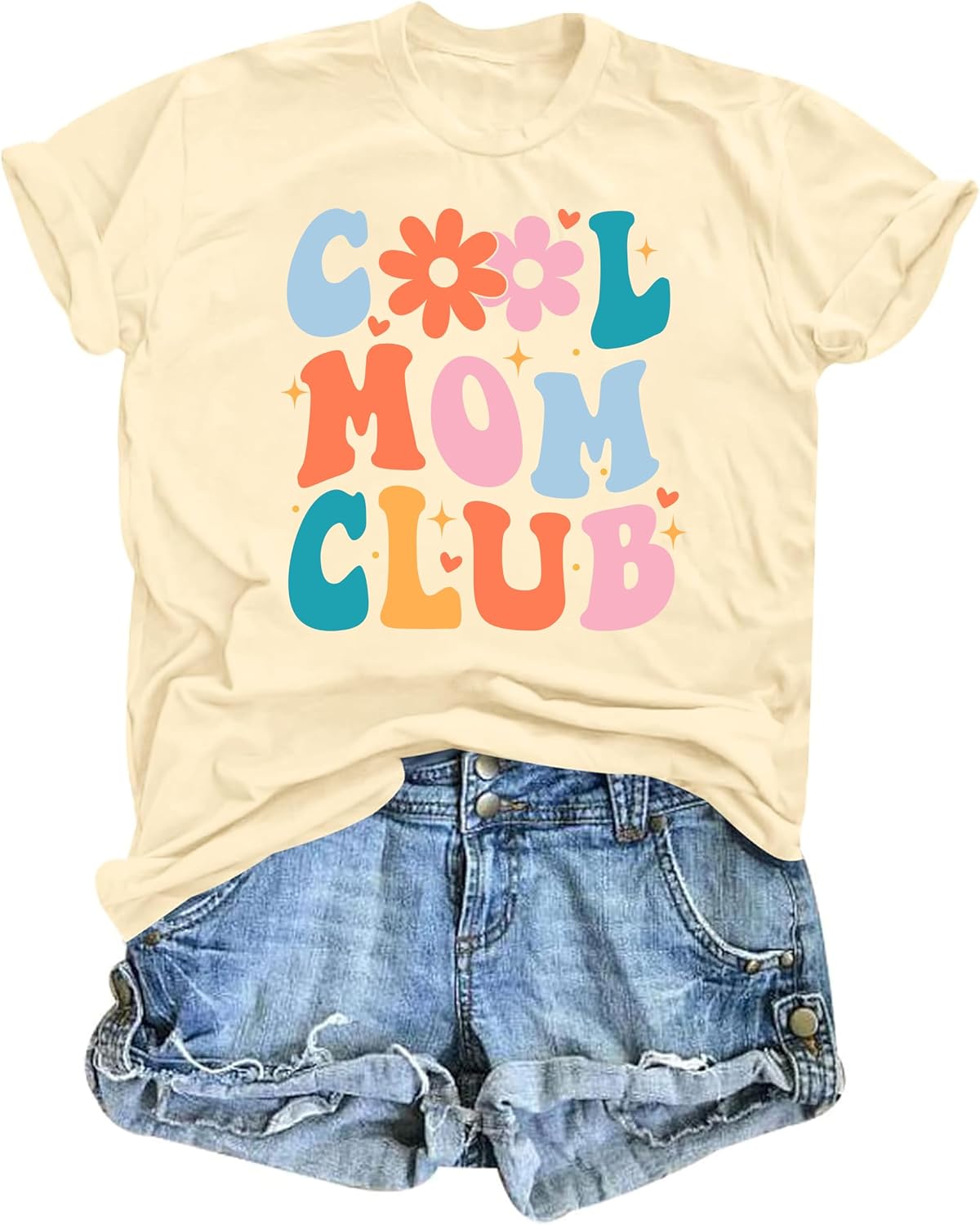 Mama Shirts for Women Mama Floral Embroidered Casual Short Sleeve Tees - Apricot-b