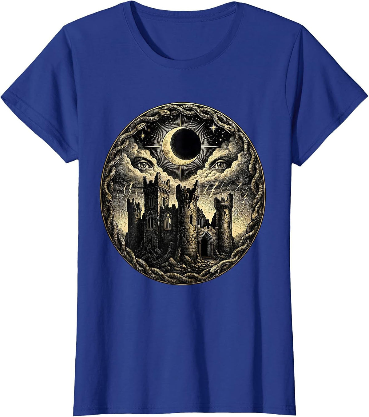 Women's Crumbling Castle Blood Red Storm Heavy Metal Art T-Shirt - Royal Blue