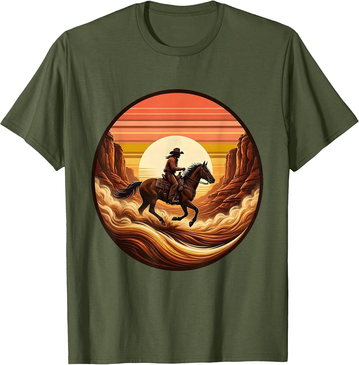 Boy Riding Horse Through Canyon Dust Graphic T-Shirt - Olive Green