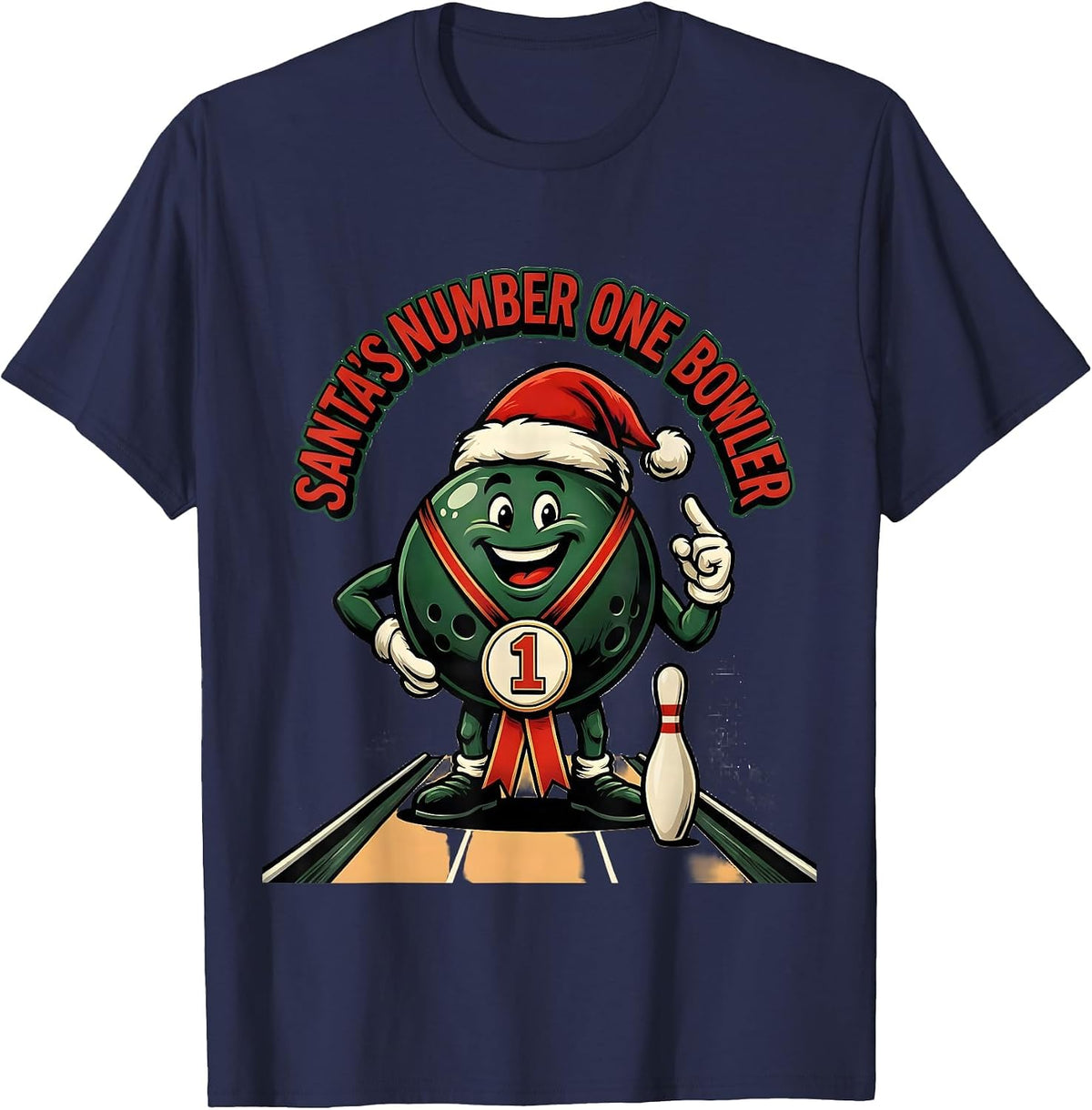 Men's Santa's Number One Bowler Funny Christmas Bowling Team Squad T-Shirt - Navy Blue