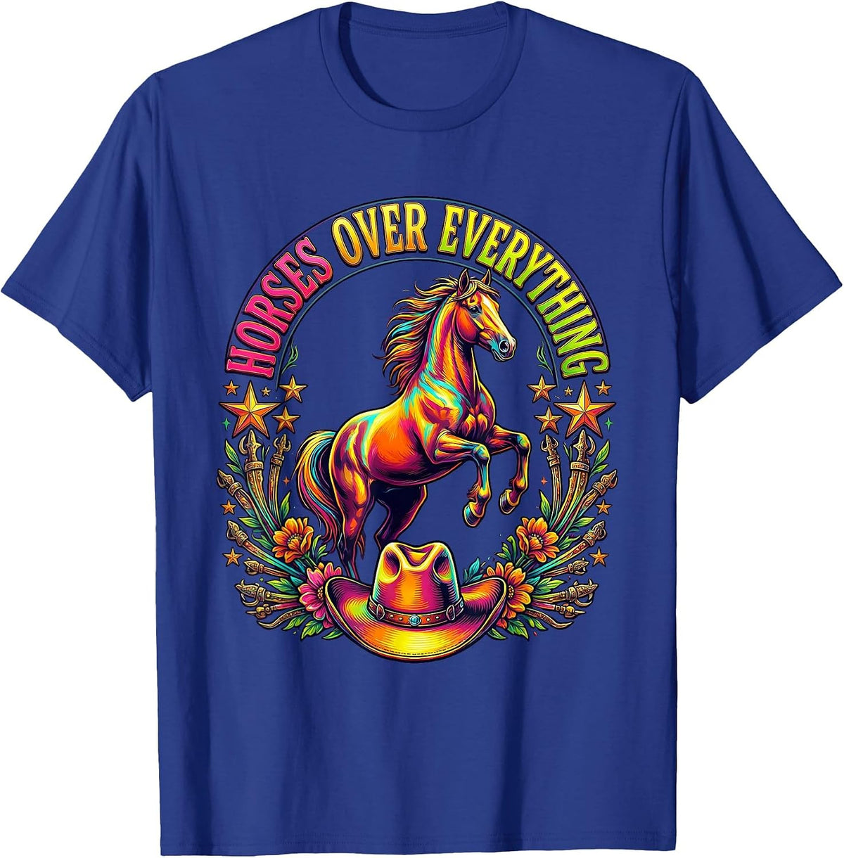 Horses Over Everything Cowgirl Design T-Shirt - Royal Blue