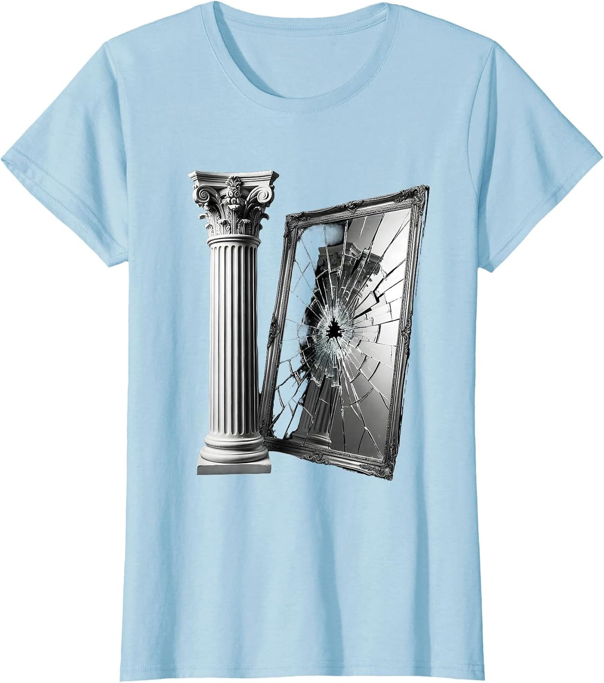 Women's Ancient Greek Column Cracked Mirror Illustration T-Shirt - Baby Blue